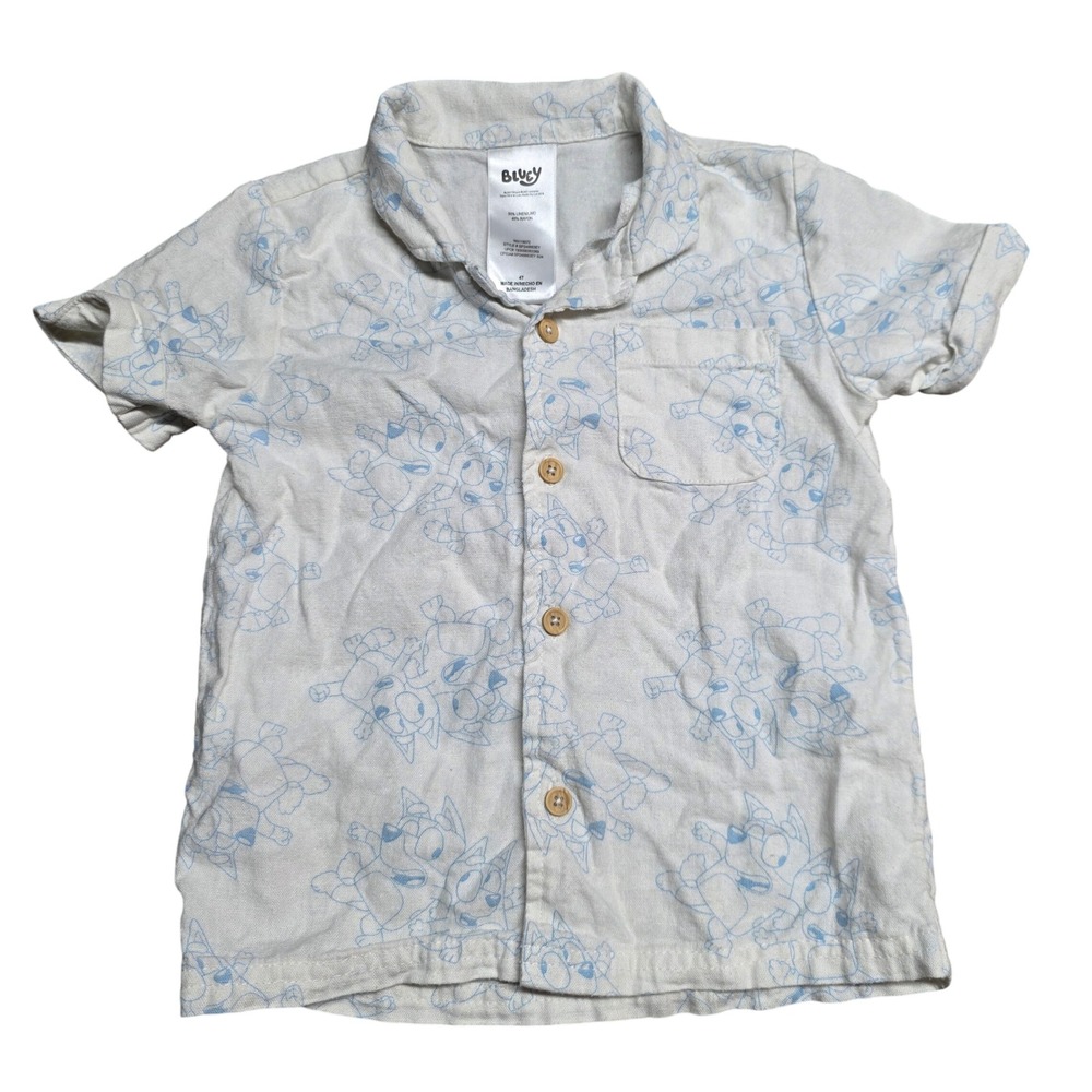 Bluey Toddler Boys Linen Blend Short Sleeve Button Down Shirt White Blue 4T